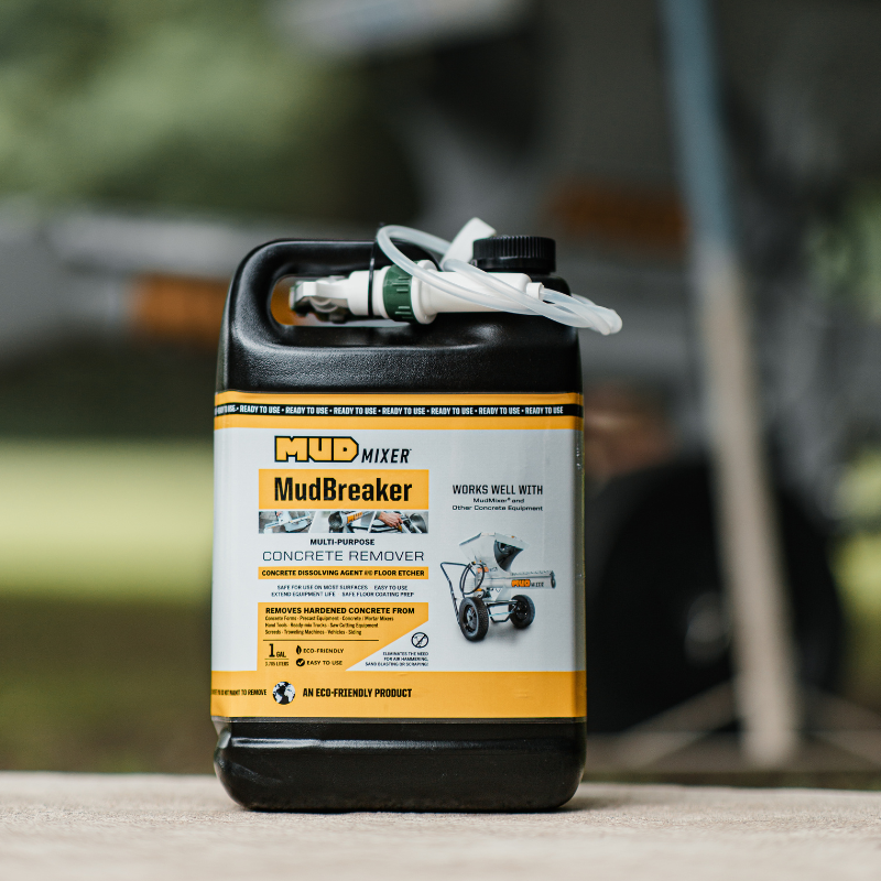 MudBreaker concrete remover container on a blurred outdoor background